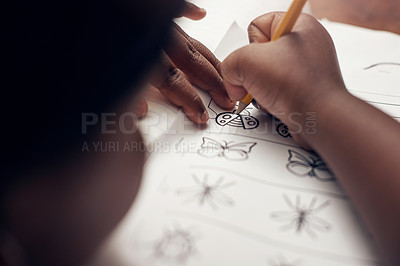 Buy stock photo Hands, learning and kid with book for drawing, education and homework in house closeup. Pencil, art  project and creative child writing for development, knowledge or studying sketch with color