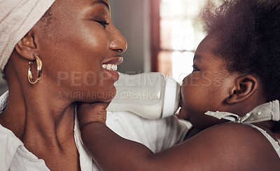 Buy stock photo Bottle, milk and happy with mother and baby for care, bonding and morning. Smile, happiness and food with black woman and feeding newborn infant in family home for nutrition, wellness and growth 