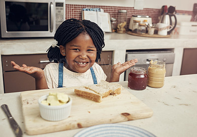 Buy stock photo Portrait, kid and sandwich in kitchen for learning, healthy food or nutrition. Ingredients, dont know and black girl with bread at counter for child development, peanut butter or jam lunch in home