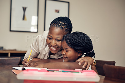 Buy stock photo Learning, hug or mother and daughter in house with homework, help or assignment support, trust or celebration. Black family, education and kid with mom at home for homeschool, writing or test success