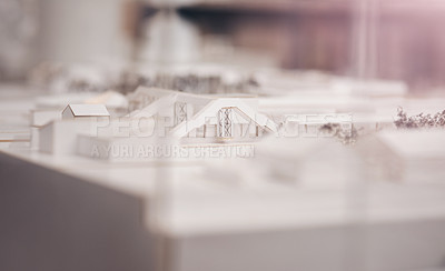 Buy stock photo Architecture, building and model on desk in office for property, design or expansion for urban project. Prototype, structure and planning for construction, real estate or development for neighborhood