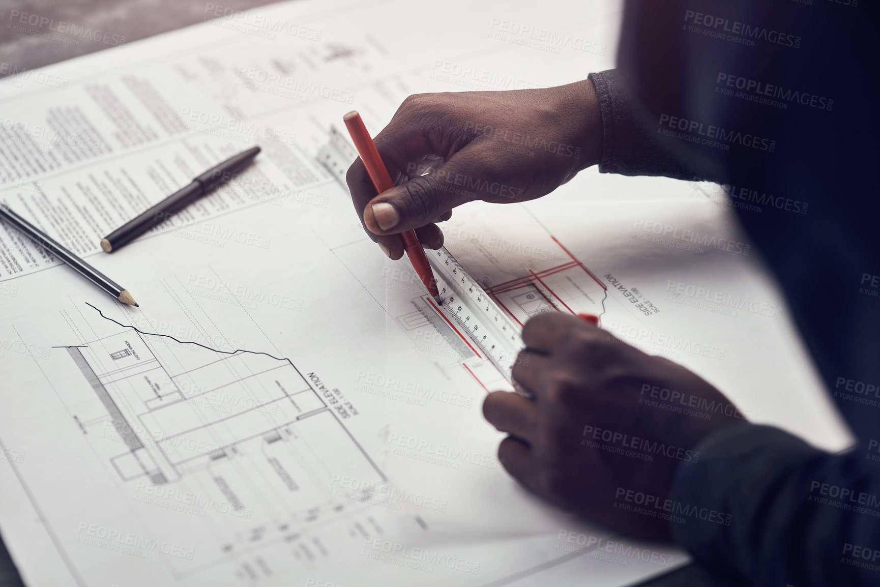 Buy stock photo Man, hands and architect to scale blueprint in office, ruler and planning design for construction. Person, documents and engineering remodeling project in workplace, developer and ideas for layout