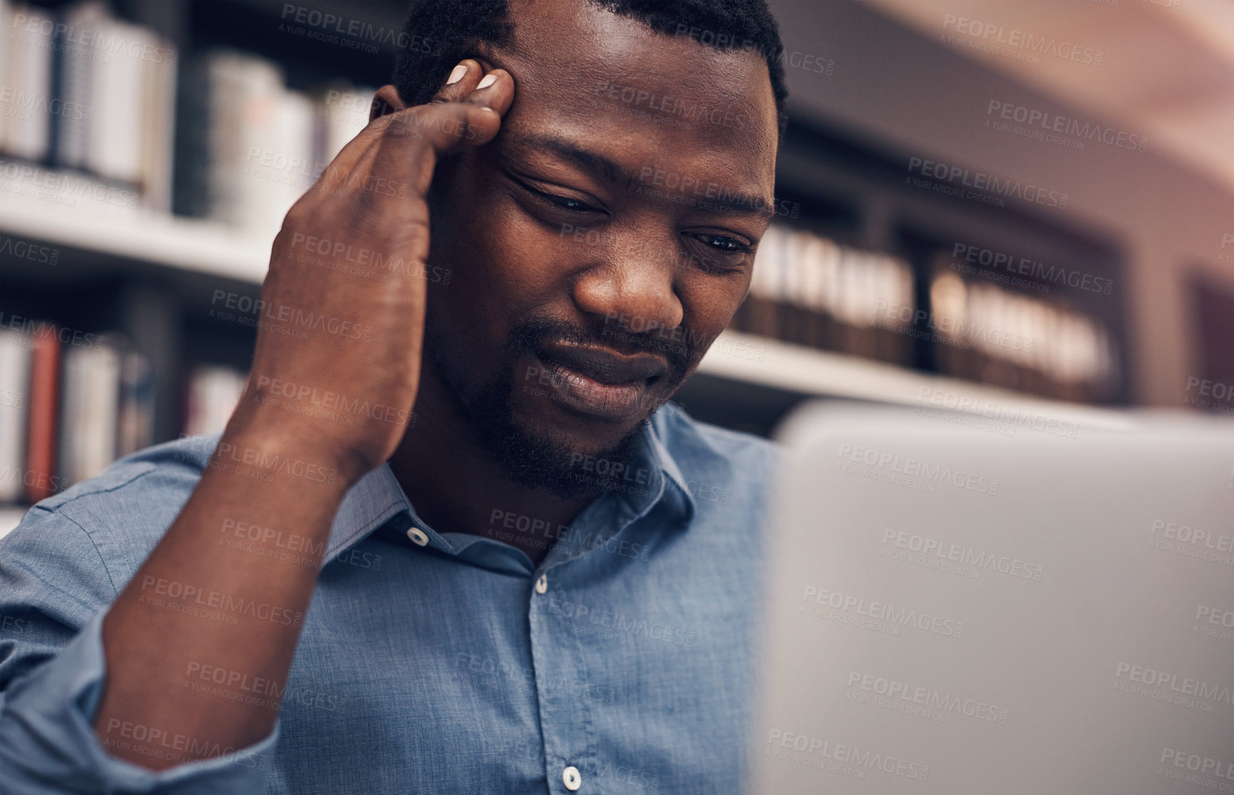 Buy stock photo Black man, headache and laptop with stress at night in fatigue, debt or pressure at office. African employee or businessman working late with migraine on computer in depression for financial crisis