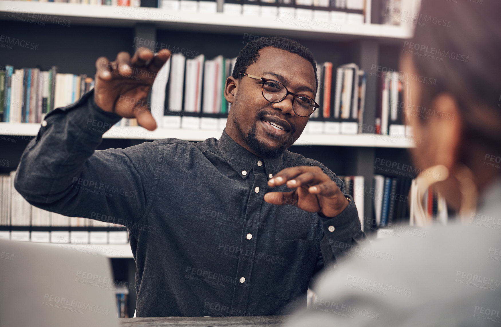 Buy stock photo Business people, architecture and man with teamwork, planning for construction project and talking. Cooperation, staff and employees with confidence, funding for proposal and collaboration for ideas