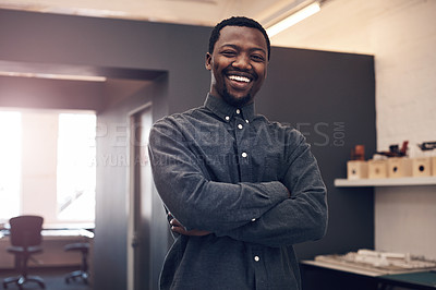 Buy stock photo Black man, portrait smile and arms crossed in office for startup, construction business and confidence. African guy, happy architect and entrepreneur with pride, professional and urban planning job