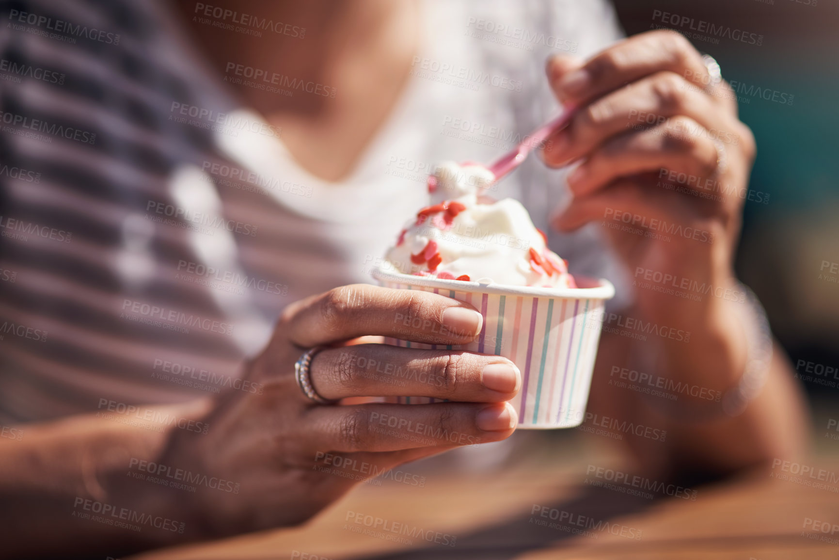 Buy stock photo Hands, person and ice cream serving with sorbet, restaurant and catering in summer for customer service. Frozen yoghurt, cup and sweet treat in outdoor by entrepreneur, shop owner and small business