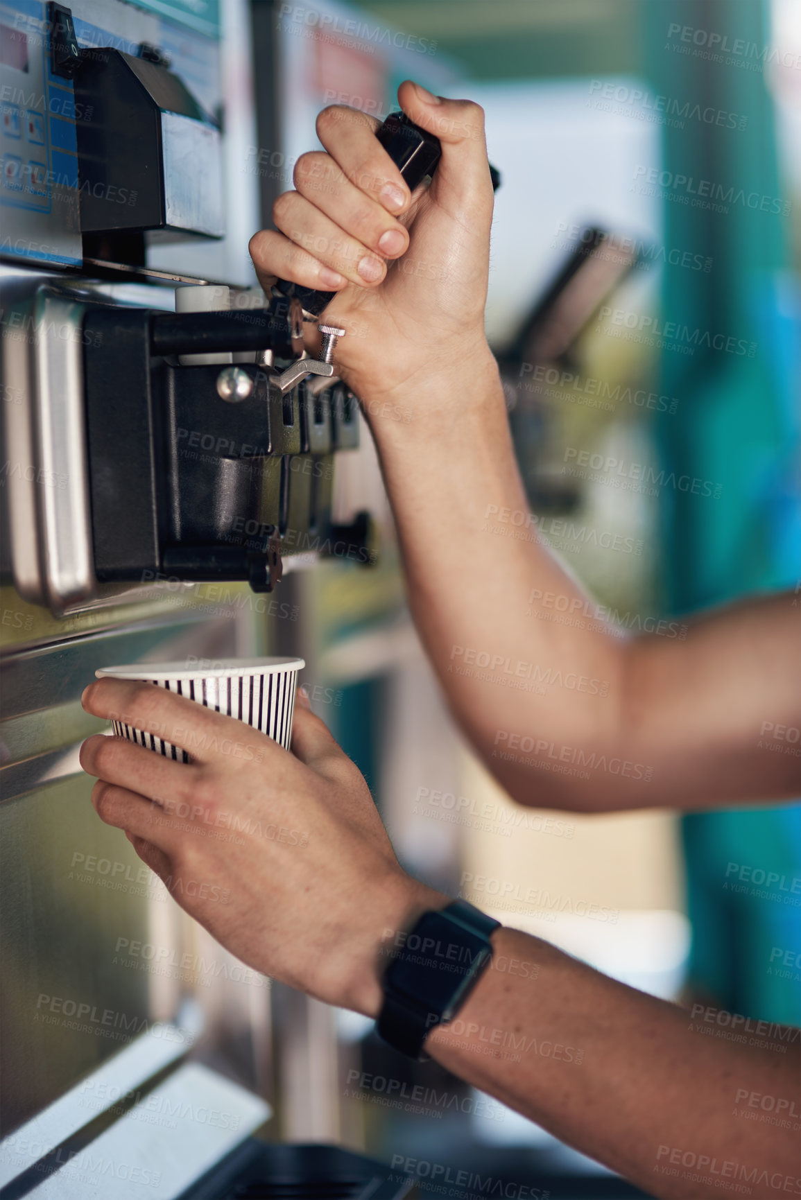 Buy stock photo Hands, person and ice cream scooper with working, restaurant and catering in summer for customer service. Frozen yoghurt, cup and food truck in outdoor by entrepreneur, shop owner and small business