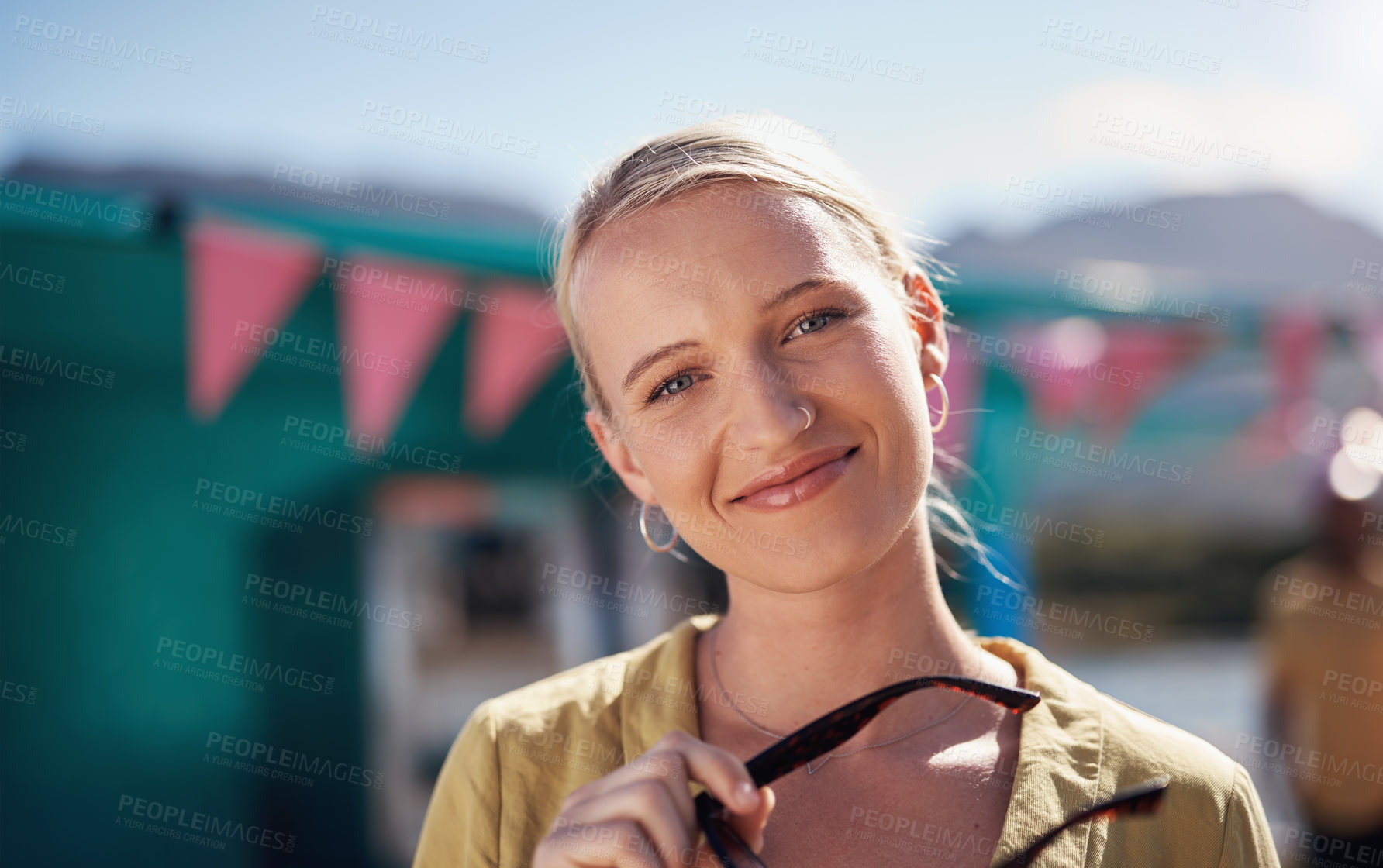 Buy stock photo Woman, portrait and smile by cafe for vacation with freedom, adventure or travel for wellness. Female tourist, outdoor or happy with relax on holiday in Canada, sunshine for health by coffee shop