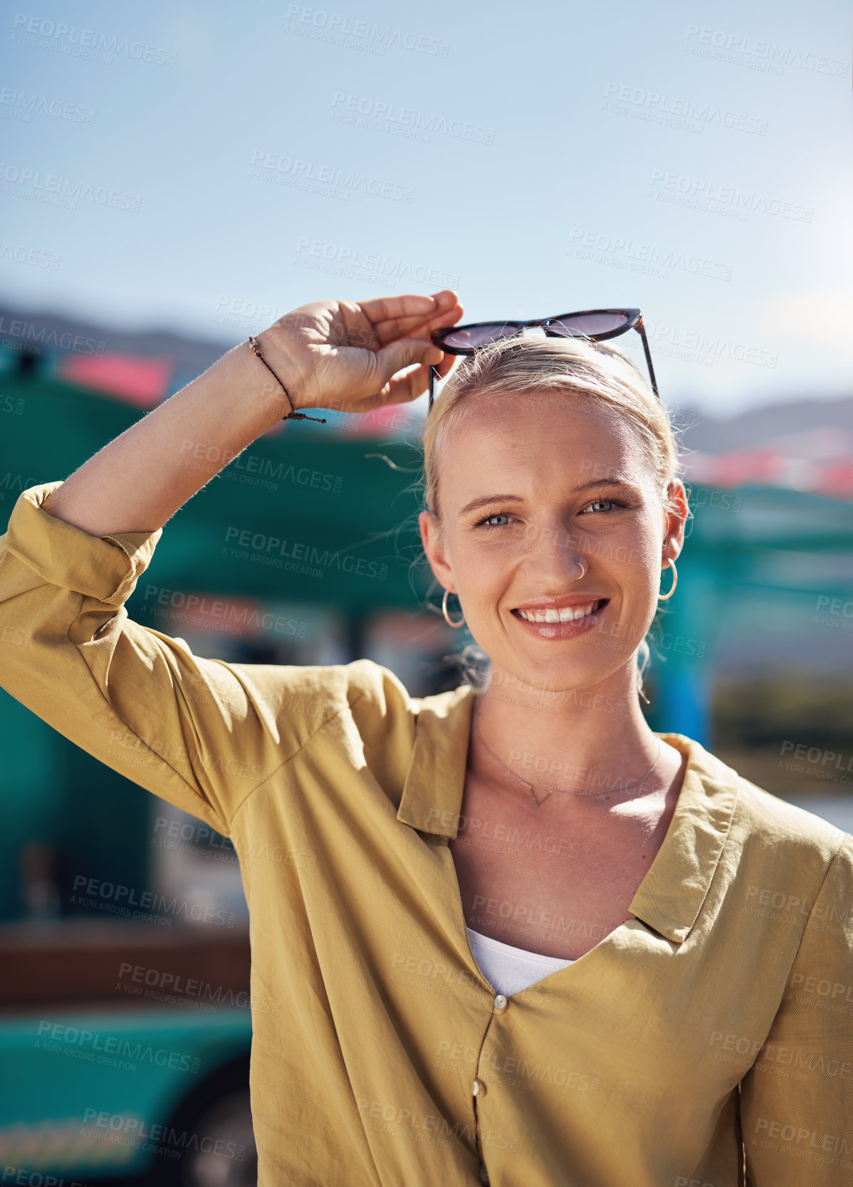 Buy stock photo Woman, portrait and smile by food truck for vacation with freedom, adventure or travel for wellness. Female tourist, outdoor or happy with relax on holiday in Canada, sunshine for health by cafe