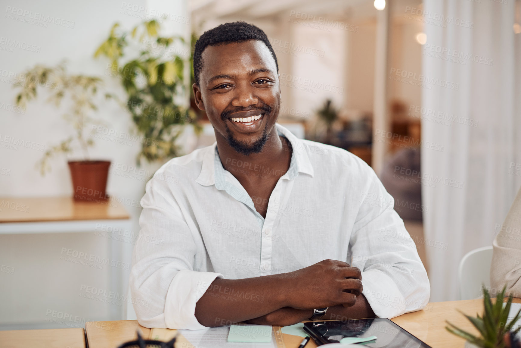 Buy stock photo Businessman, portrait and happy in office with pride for startup, company and career as black man. Entrepreneur, smile and mindset in workplace with motivation for business goal, growth and ambition