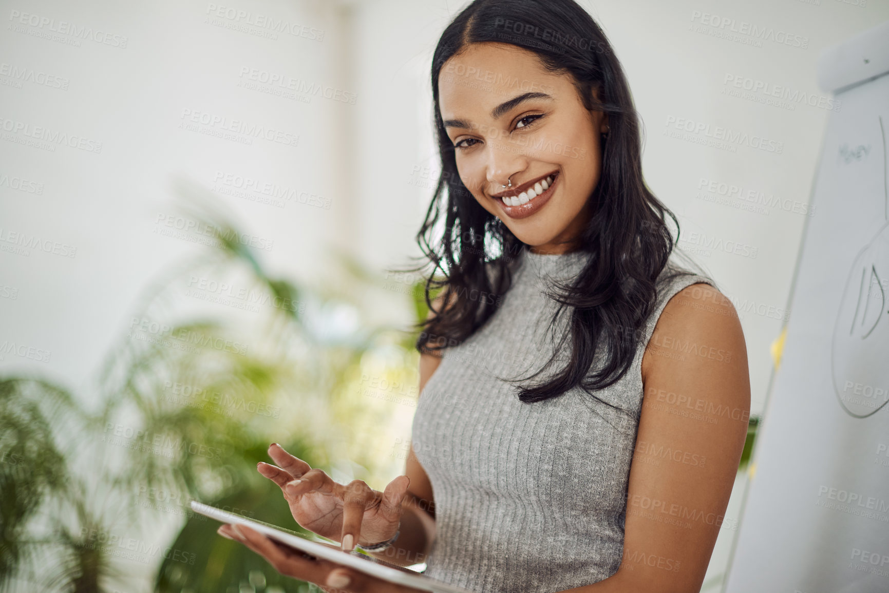 Buy stock photo Black woman, smile and portrait with tablet for business, web developer with plan in office. Female designer, mobile tech and happy with research or review for online app, email marketing or project