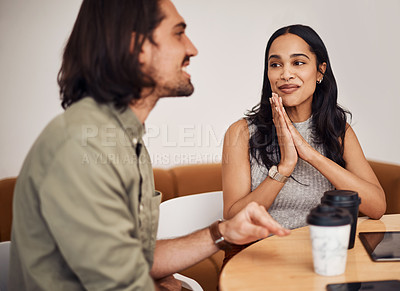 Buy stock photo Talking, friends and coffee in cafe at table for conversation, reunion or relax on lunch break. Chat, listening and happy woman with man in restaurant for discussion, meeting or gossip together