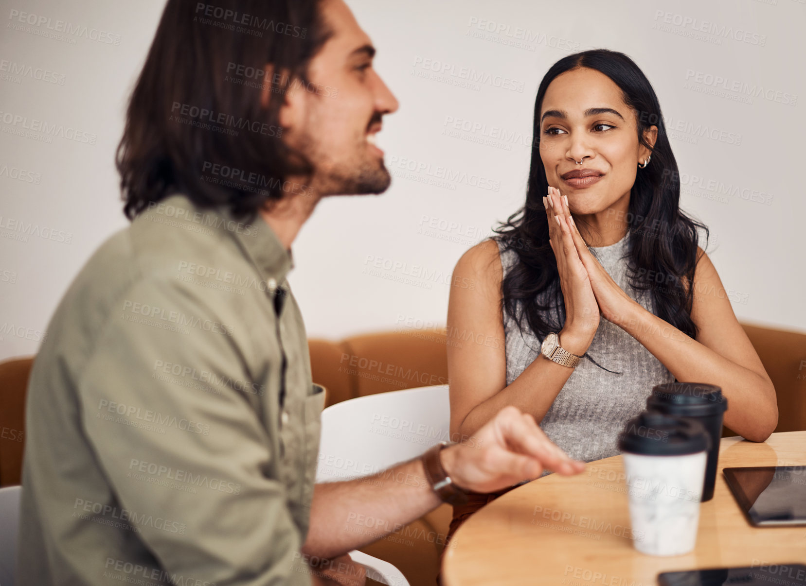 Buy stock photo Talking, friends and coffee in cafe at table for conversation, reunion or relax on lunch break. Chat, listening and happy woman with man in restaurant for discussion, meeting or gossip together