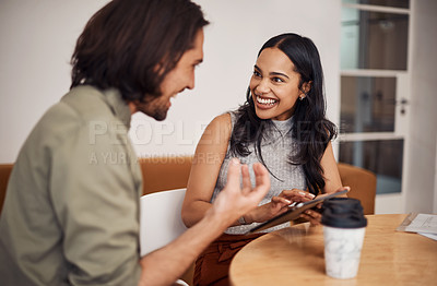 Buy stock photo Laughing, friends and tablet in cafe at table for conversation, social media or reunion on lunch break. Coffee, funny and happy woman with man in restaurant for meme, meeting or gossip together