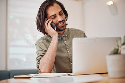 Buy stock photo Creative, laptop and phone call with man planning in office of small business for web design. Computer, development and notebook with happy employee at desk in workplace as illustrator or publisher