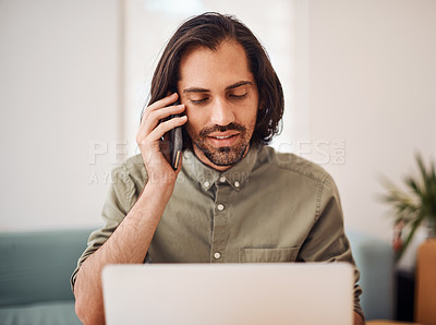 Buy stock photo Indian man, remote work and phone call with laptop in home, business conversation for startup. Male entrepreneur, mobile communication and website development in house, talking or digital planning