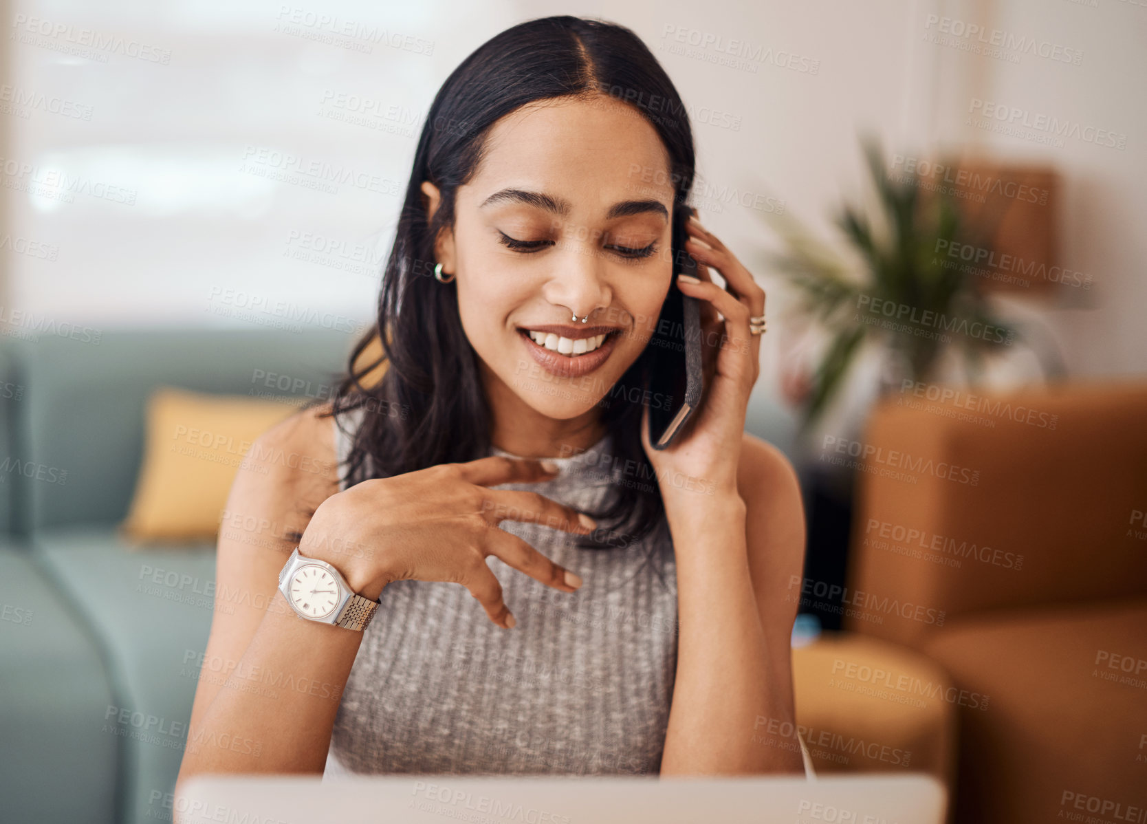 Buy stock photo Creative, laptop and phone call with smile of woman in office of small business for design or planning. Communication, computer and web development with happy employee at desk as online illustrator