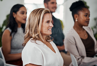 Buy stock photo Business woman, conference and listen with crowd in boardroom for training, development or career growth. People, workshop and audience with diversity, group or thinking with team at startup company