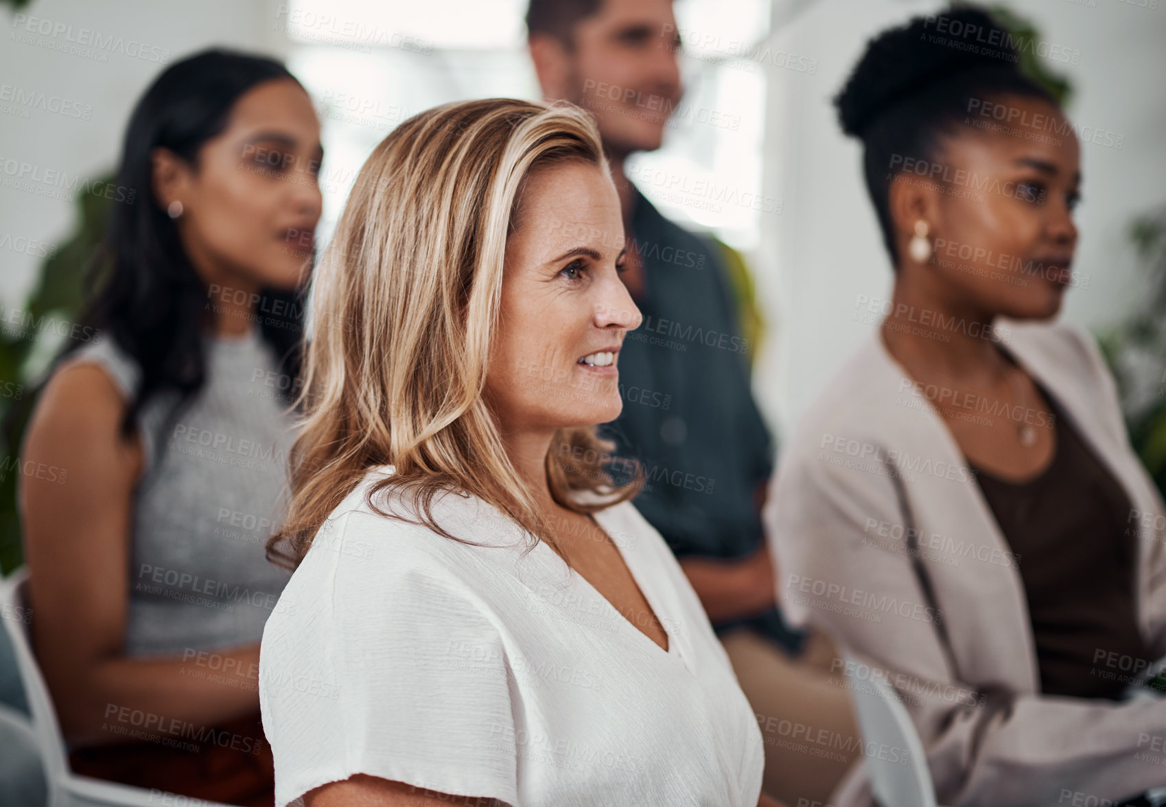 Buy stock photo Business woman, conference and listen with crowd in boardroom for training, development or career growth. People, workshop and audience with diversity, group or thinking with team at startup company