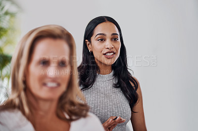 Buy stock photo Business people, audience and woman with smile in conference for training, workshop and team building. Happy, employees and person with talking in seminar for corporate development, planning and idea