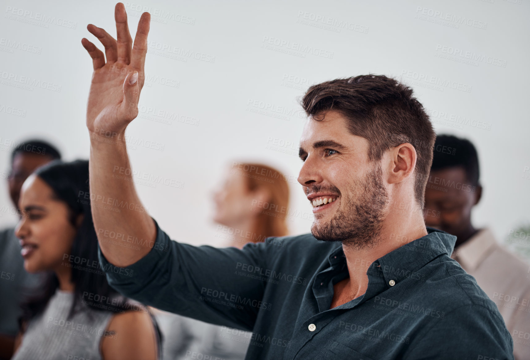 Buy stock photo Business man, conference and raised hand in crowd, boardroom and question for training in modern office. People, tradeshow and audience with diversity, group or thinking with smile at startup company