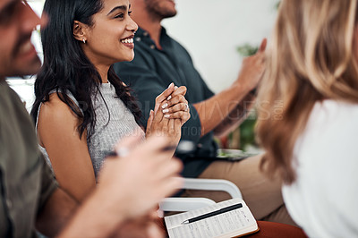 Buy stock photo Business people, seminar and meeting applause with audience, happy and company workshop with staff. Working, clapping and listening to presentation with team and smile at public relations office