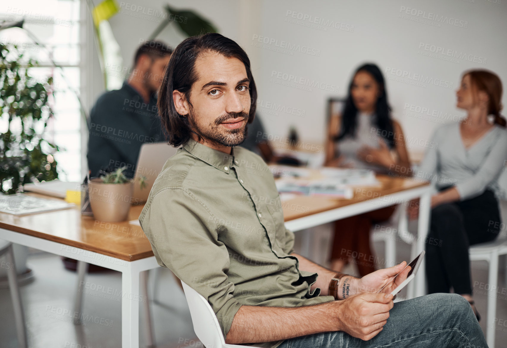 Buy stock photo Business man, tablet and portrait and meeting with app developer, technology and confidence in office. Employee, website design and online startup with collaboration and professional team at agency