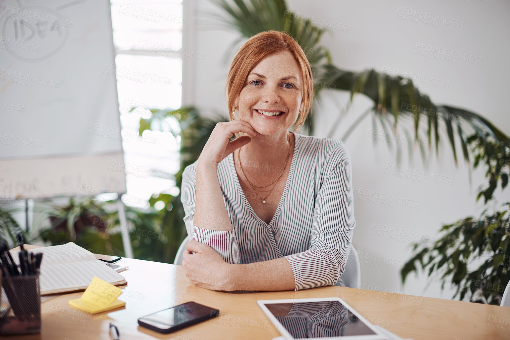 Buy stock photo Creative, project management and technology with portrait of woman in office of small business for design. Confident, face and happy employee at desk in workplace as online illustrator or publisher