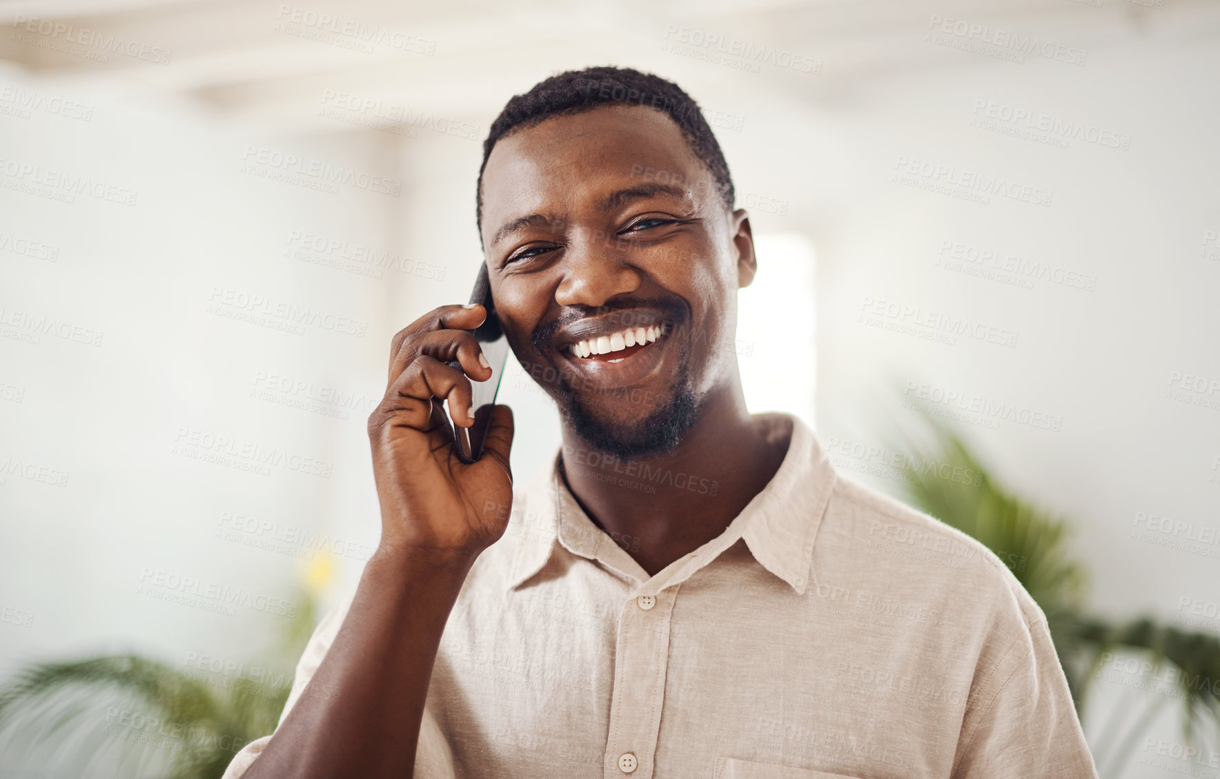 Buy stock photo Phone call, business and black man with mobile in office for conversation, listening or contact with client. Talking, creative consultant and employee for negotiation, chat or explain project details