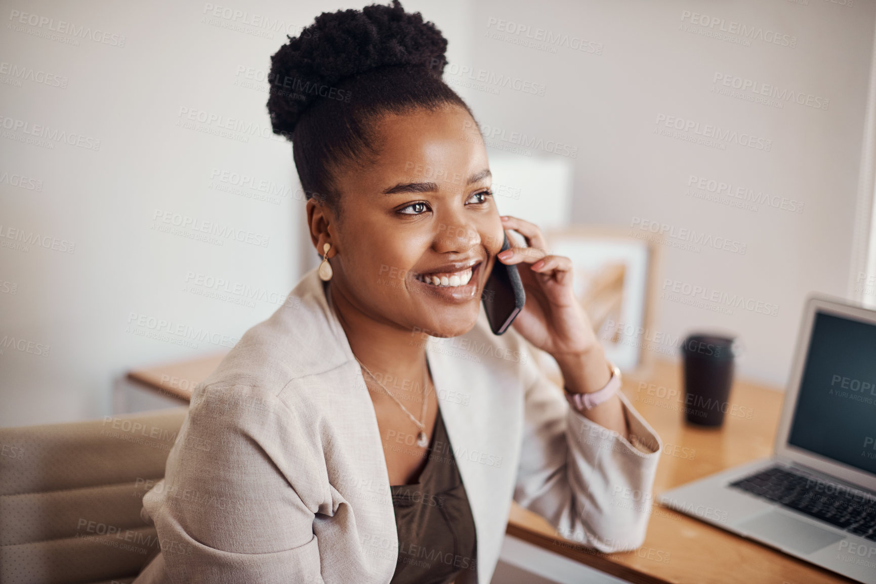 Buy stock photo Lawyer, talking and black woman with phone call in office for conversation, listening or contact with client. Mobile, legal consultant and employee for communication, advice or explain case details