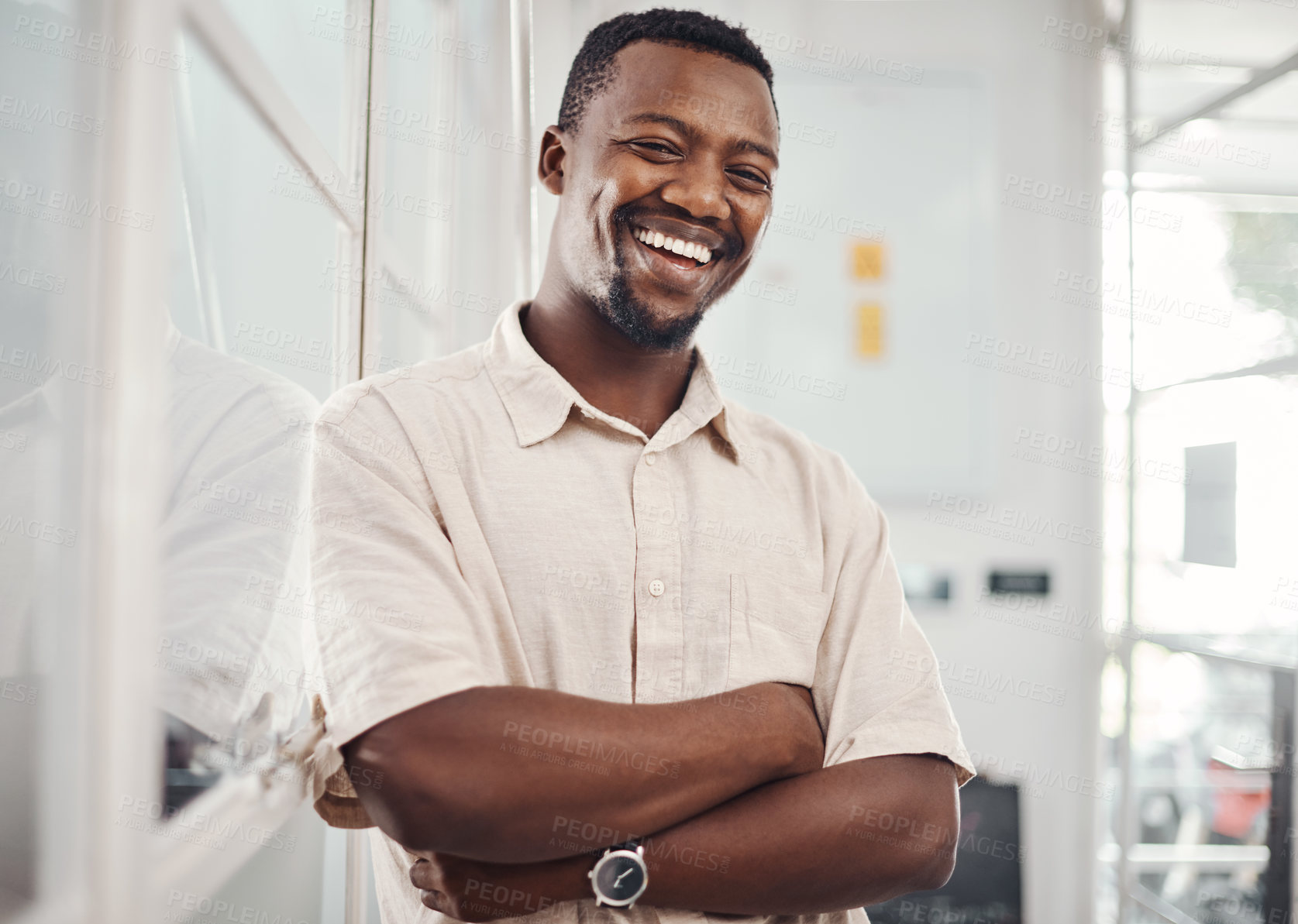 Buy stock photo Businessman, portrait and smile in office with crossed arms for startup, company and career as black man. Entrepreneur, happy and confident in workplace with creativity for agency, growth or ambition