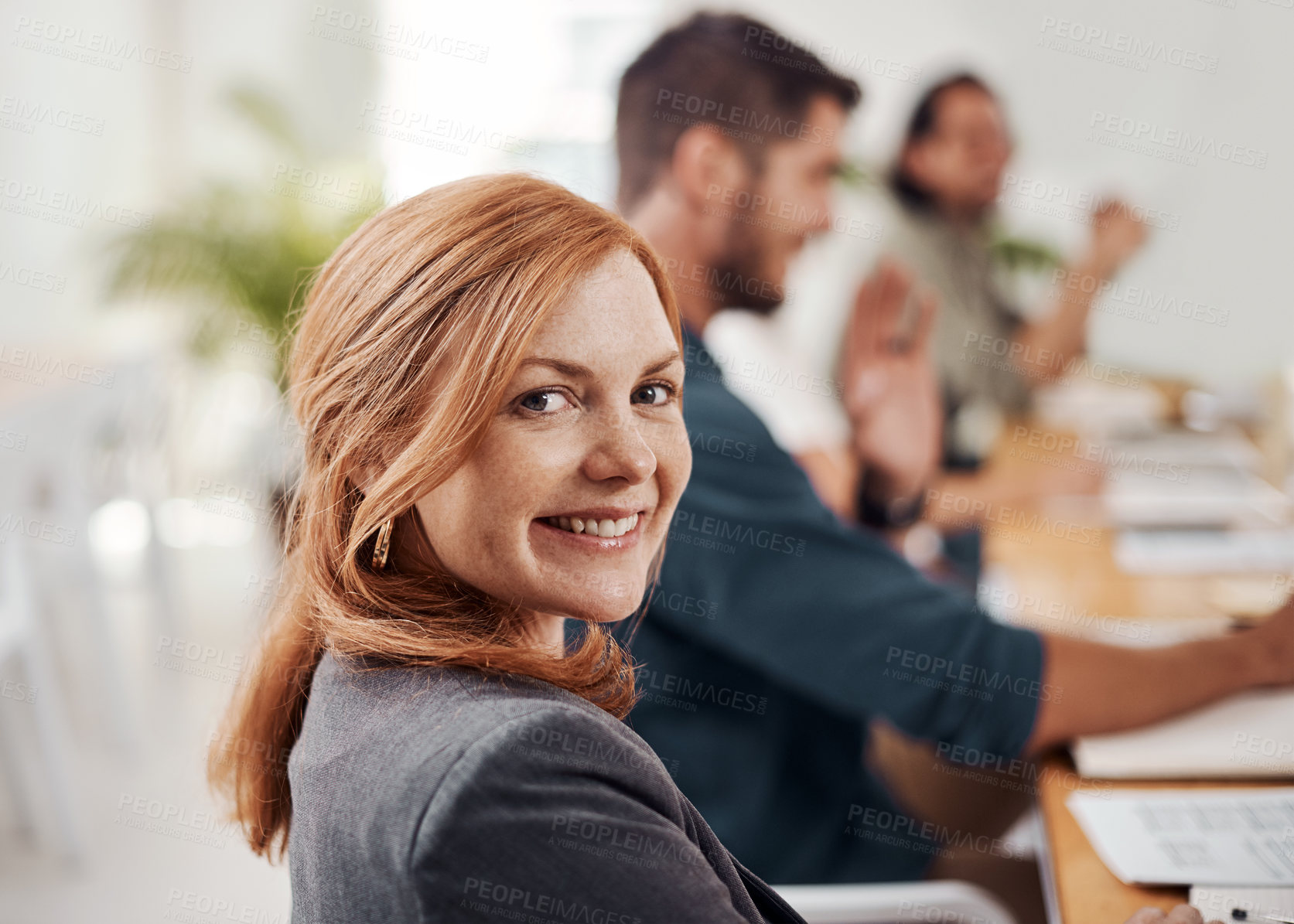 Buy stock photo Business woman, seminar and meeting portrait with startup, happy and company workshop with staff. Working, job convention and employee at presentation with team and smile at public relations office