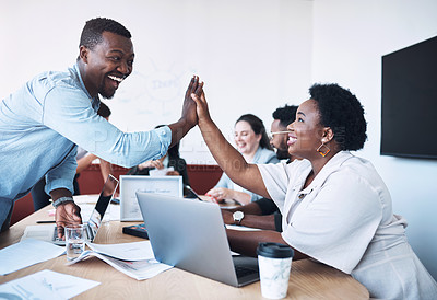 Buy stock photo Startup, high five or happy business people in meeting for celebration, support or goals for teamwork. Mission, leader or group in partnership with success for achievement, target or staff motivation