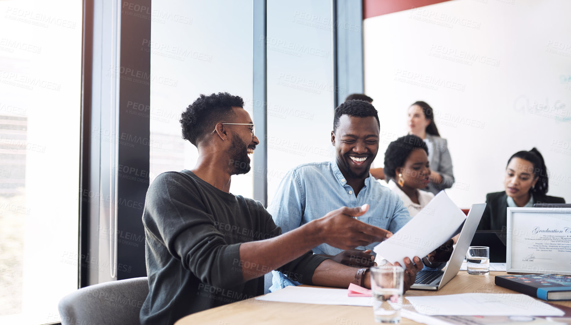 Buy stock photo Happy business people, laughing or documents in meeting for teamwork, partnership or collaboration in startup. Planning, smile or funny group discussion for feedback, development or project paperwork