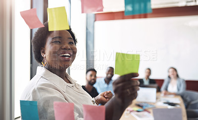 Buy stock photo Planning, happy woman and glass with sticky note in startup for brainstorming, information or organizing project goal. Meeting, solution and ideas on paper for reminder, timeline and team schedule