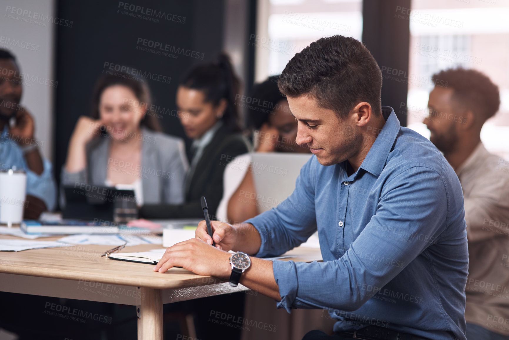 Buy stock photo Business man, table and meeting notes for growth review, paperwork and feedback collaboration in office. Employee, writing and strategy summary by desk for planning, discussion and project documents