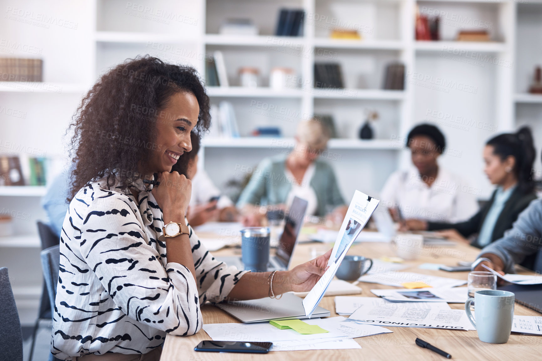 Buy stock photo Smile, woman and document in office for business plan, strategy and proposal with team. Female entrepreneur, paperwork and happy at table for startup, company success and brainstorming with staff