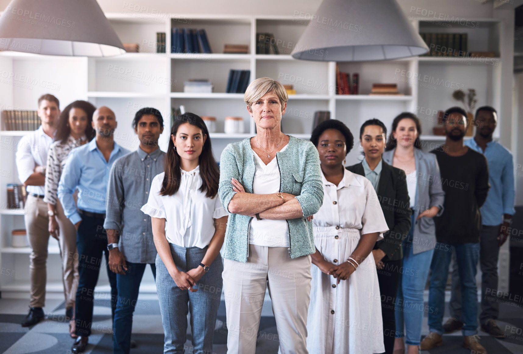 Buy stock photo About us, people and leader with arms crossed at office for teamwork, collaboration and confident. Portrait, employees and boss or team manager with smile with confidence for diversity and progress