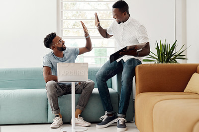 Buy stock photo High five, men and teamwork in office with laptop for research, planning and agreement. Business, collaboration and people in creative agency for website design, technology and feedback for project