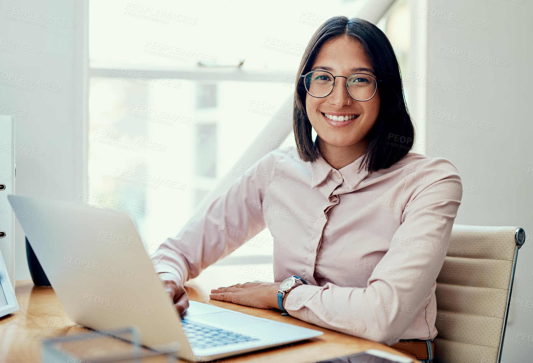 Buy stock photo Woman, smile and portrait or laptop at desk for research, email or online review for website. Journalist, computer and writing article with internet for creativity, career and networking for business