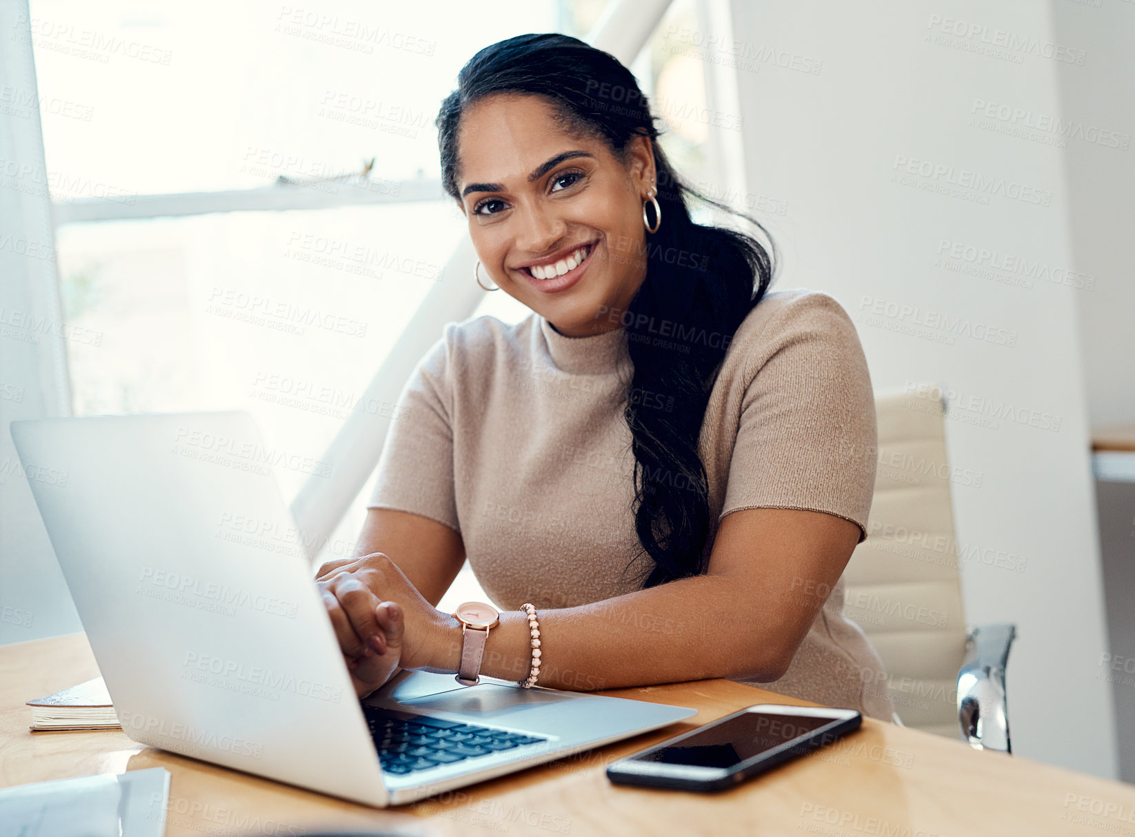 Buy stock photo Woman, happy and portrait or technology in office for research, email or online review for website. Journalist, laptop and writing article at desk for creativity, career or network for business blog