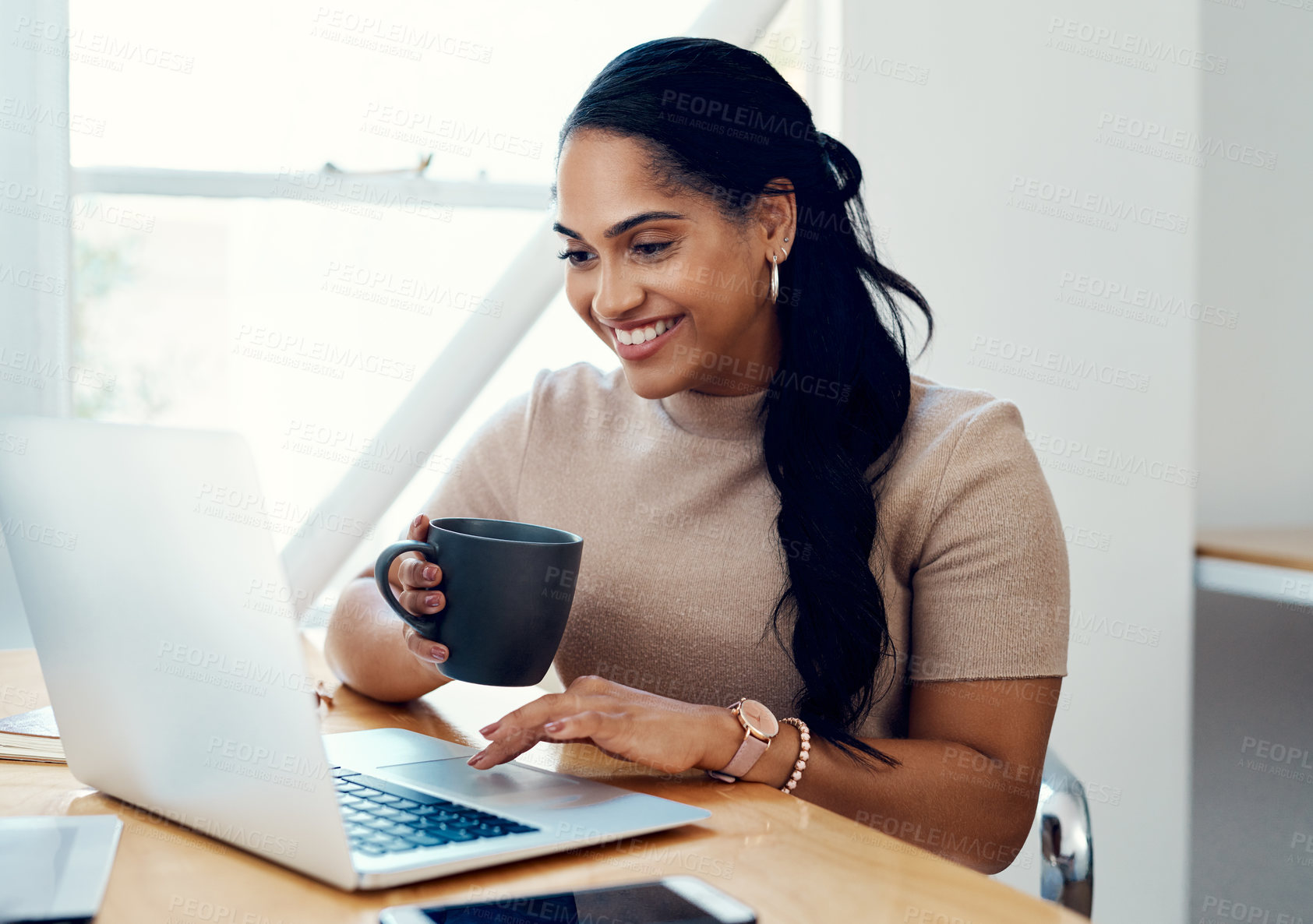 Buy stock photo Woman, happy and coffee or laptop at desk for research, email or online review in morning. Journalist, technology and smile or writing article and internet for creativity, career or blog for company