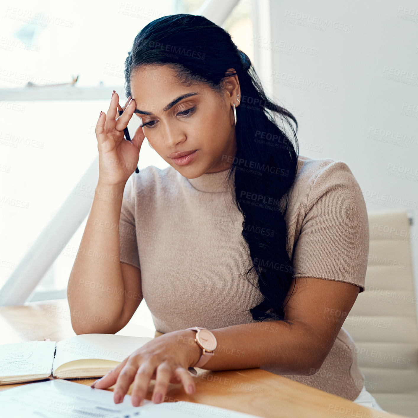 Buy stock photo Stress, woman and writing on book in office with notes of schedule, reminder and agenda for information of story. Journalist, record quotes and facts of brainstorming, script and article deadline