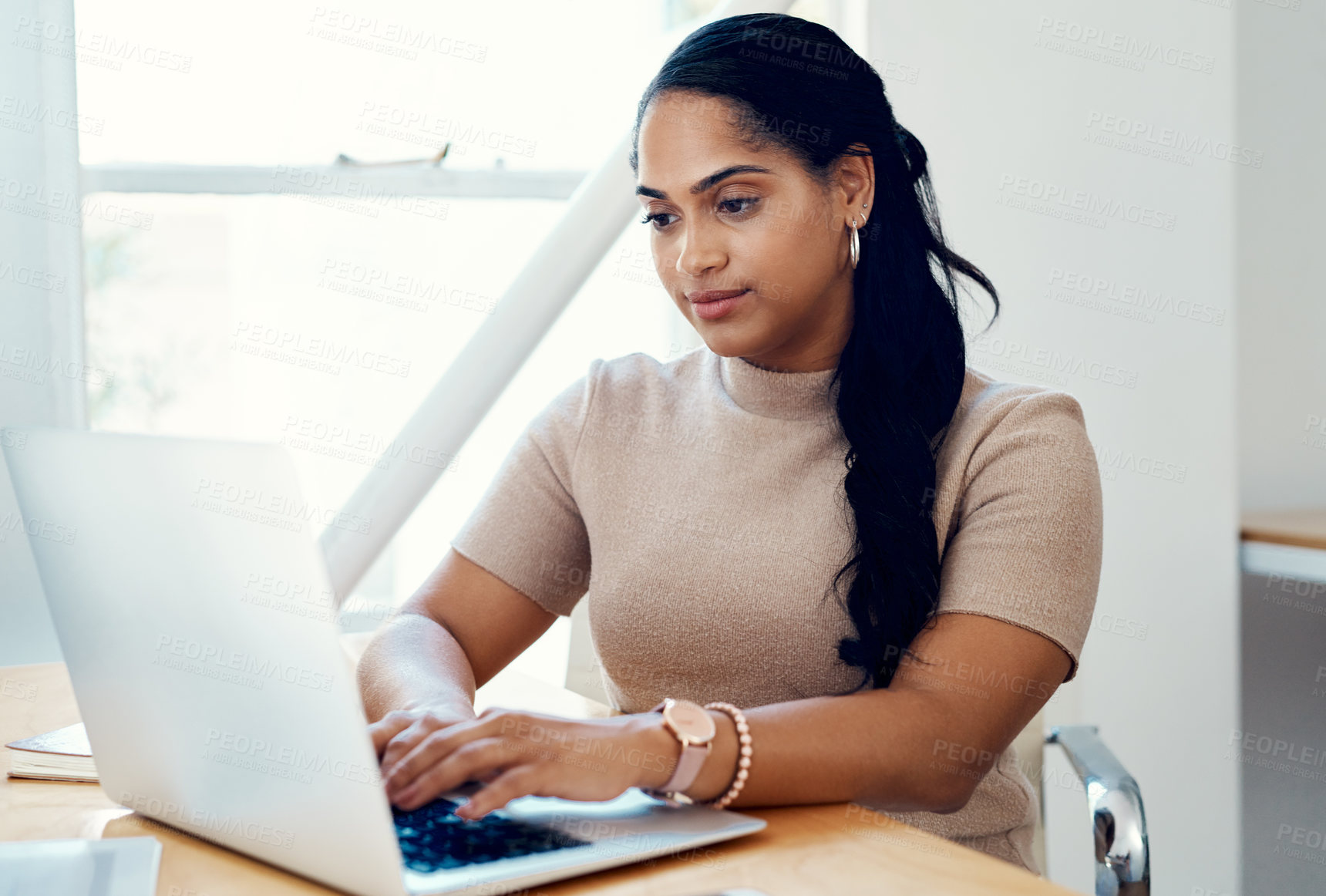 Buy stock photo Woman, blog and typing on laptop in office for research, email or online review for website. Journalist, technology and writing article or internet and creativity for career or networking for company