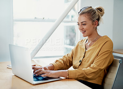 Buy stock photo Office, business and woman with laptop, typing and internet with connection, email and online reading. Person at desk, employee and journalist with computer, research for article and website info