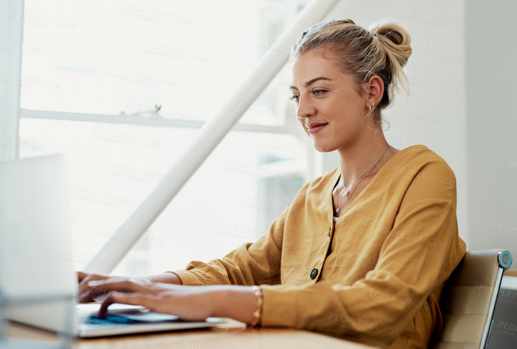 Buy stock photo Happy, business and woman with laptop, typing and internet with connection, online reading and website info. Person at desk, employee and journalist with computer, research for article and email