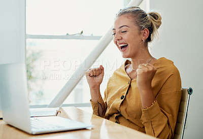 Buy stock photo Finance manager, laptop and celebration in office for contract negotiation success or target achievement. Business woman, tech and excited as industry award winner with investment funding for project