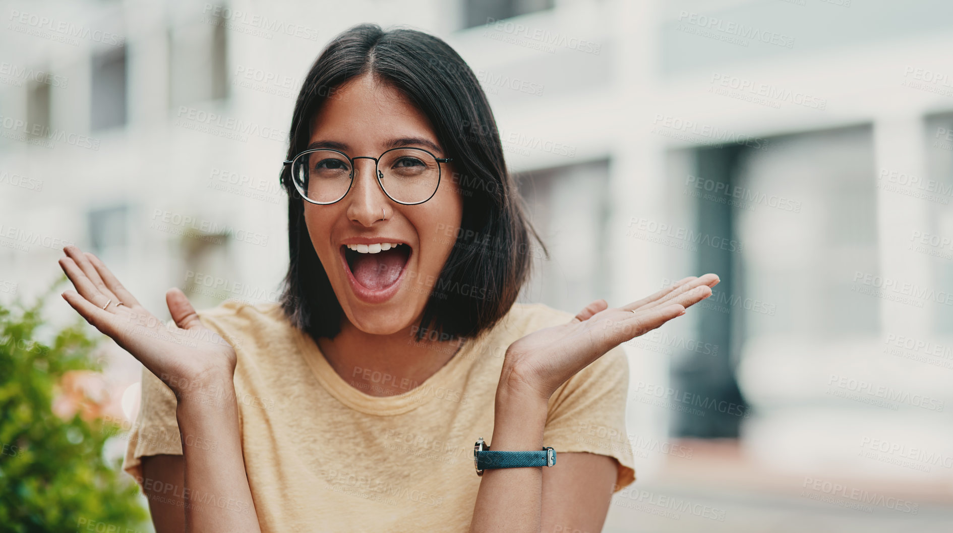 Buy stock photo Surprise, girl and portrait with glasses outdoor for eyesight or clear vision, optometry wellness and prescription lens. Female student, eye care and smile for spectacles for ocular surface disease.