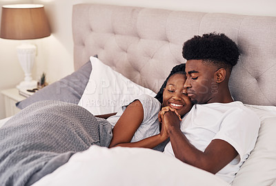 Buy stock photo Happy, black couple and relax with care in bedroom of hotel for weekend getaway, romantic connection and bonding. Man, woman and together in motel for dating anniversary, embrace and holding hands.