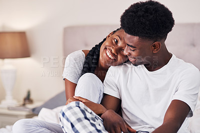 Buy stock photo Bedroom, hug and black couple with love, relax and happiness with break, comfort and romance. Anniversary, man and woman in house, embrace and relationship with trust, care and marriage with smile